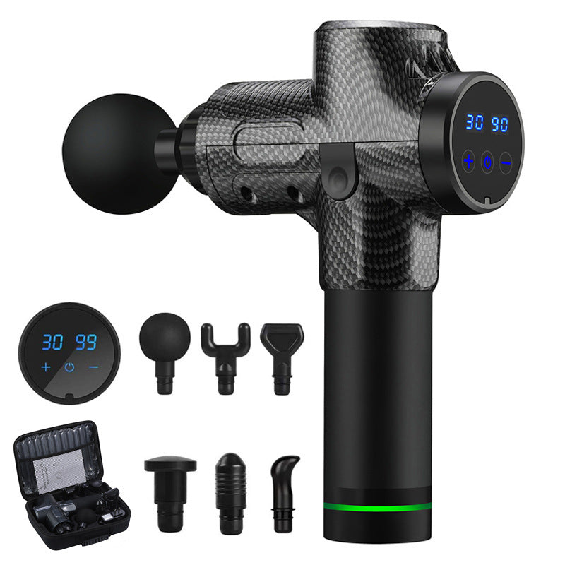 Close-up of Recore deep tissue massager gun being used on shoulder muscles