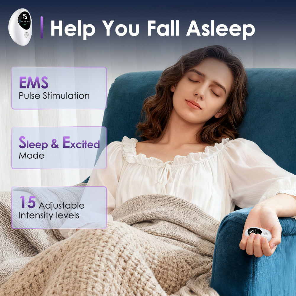 Person holding Recore microcurrent sleep device in hand for nighttime relaxation