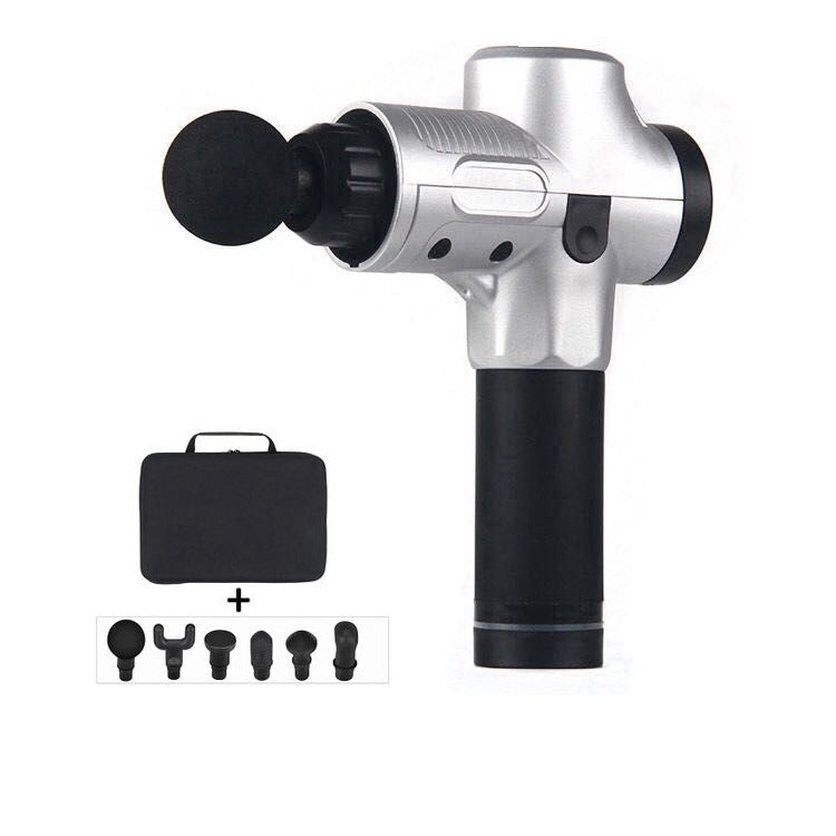 Close-up of Recore deep tissue massager gun being used on shoulder muscles