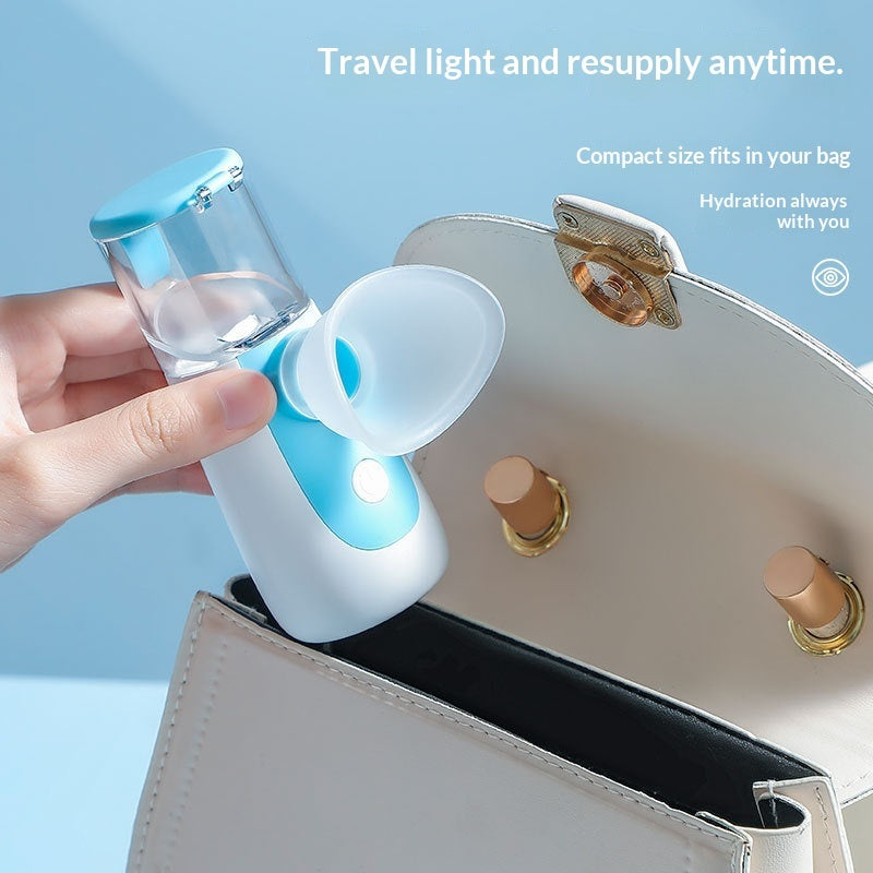 Woman using Recore portable nano facial mister for instant skin hydration in Nigeria