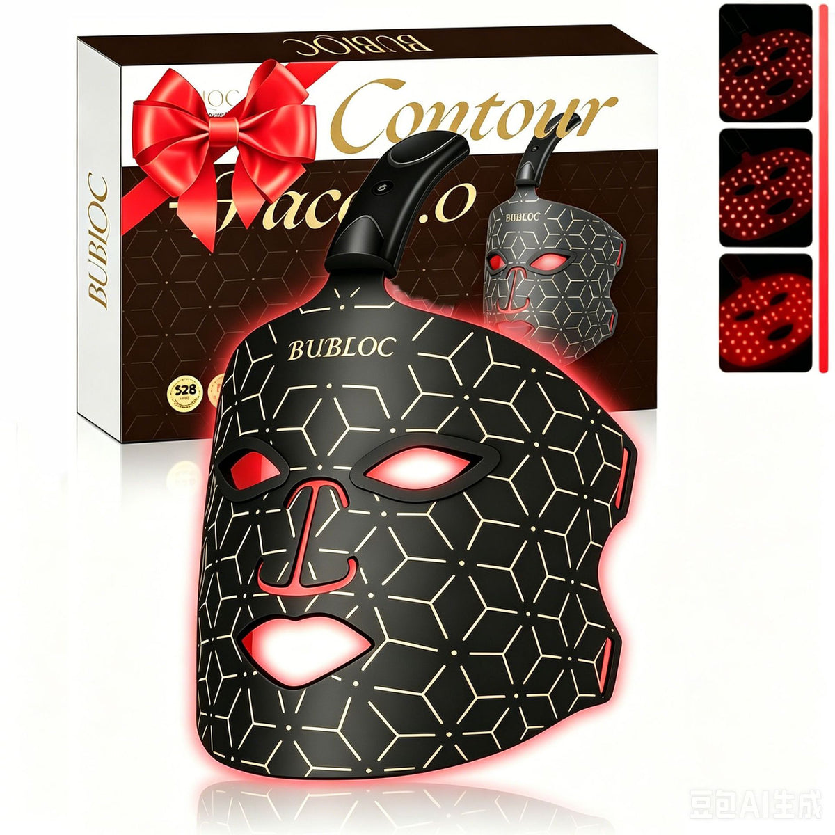 Woman wearing Recore flexible silicone red light facial mask for skin rejuvenation in Nigeria
