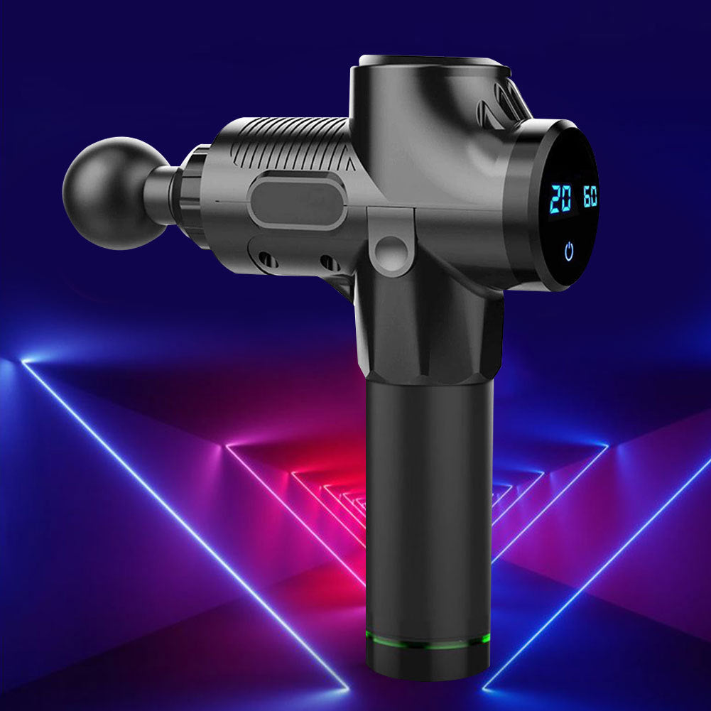 Close-up of Recore deep tissue massager gun being used on shoulder muscles