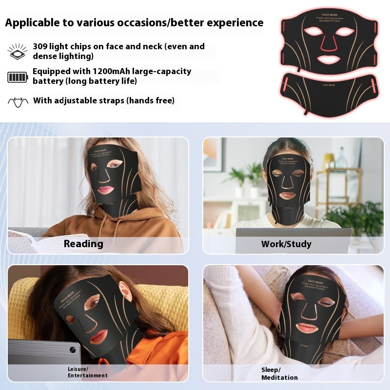 Woman wearing Recore flexible silicone red light mask for skin rejuvenation in Nigeria