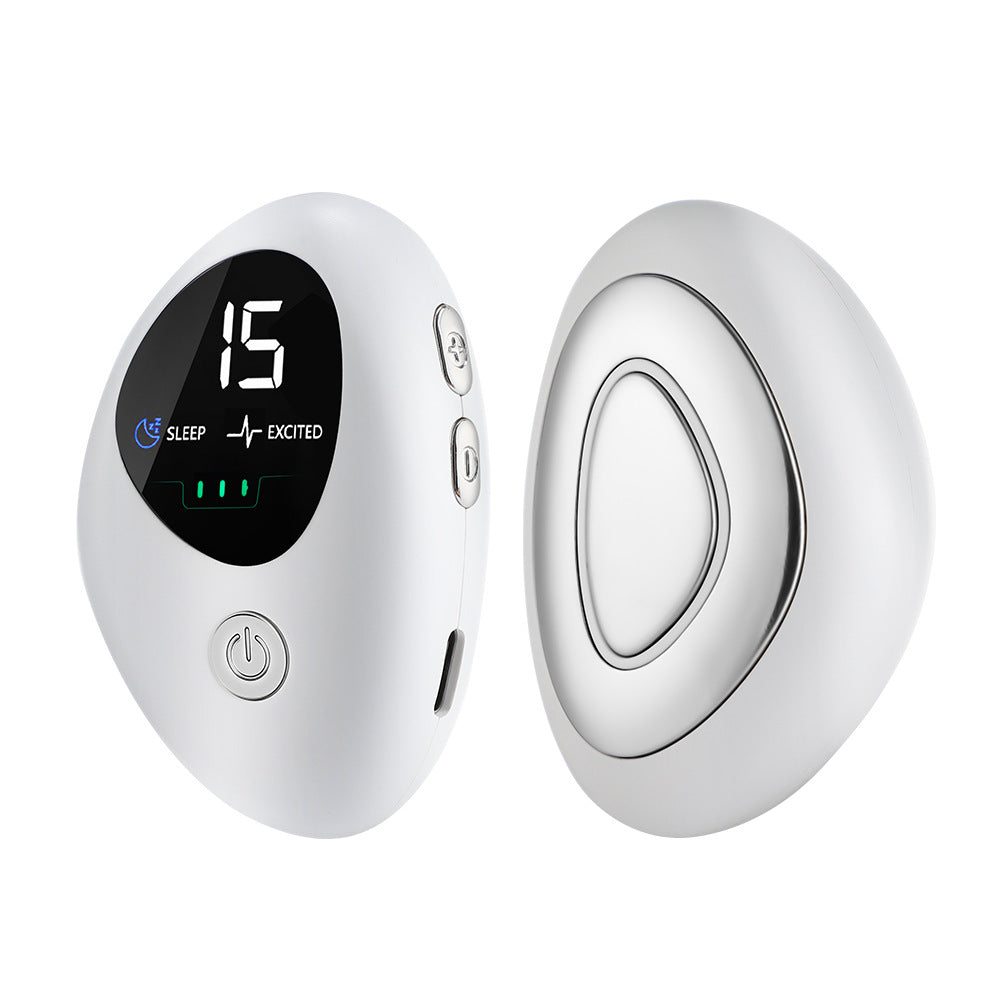 Person holding Recore microcurrent sleep device in hand for nighttime relaxation